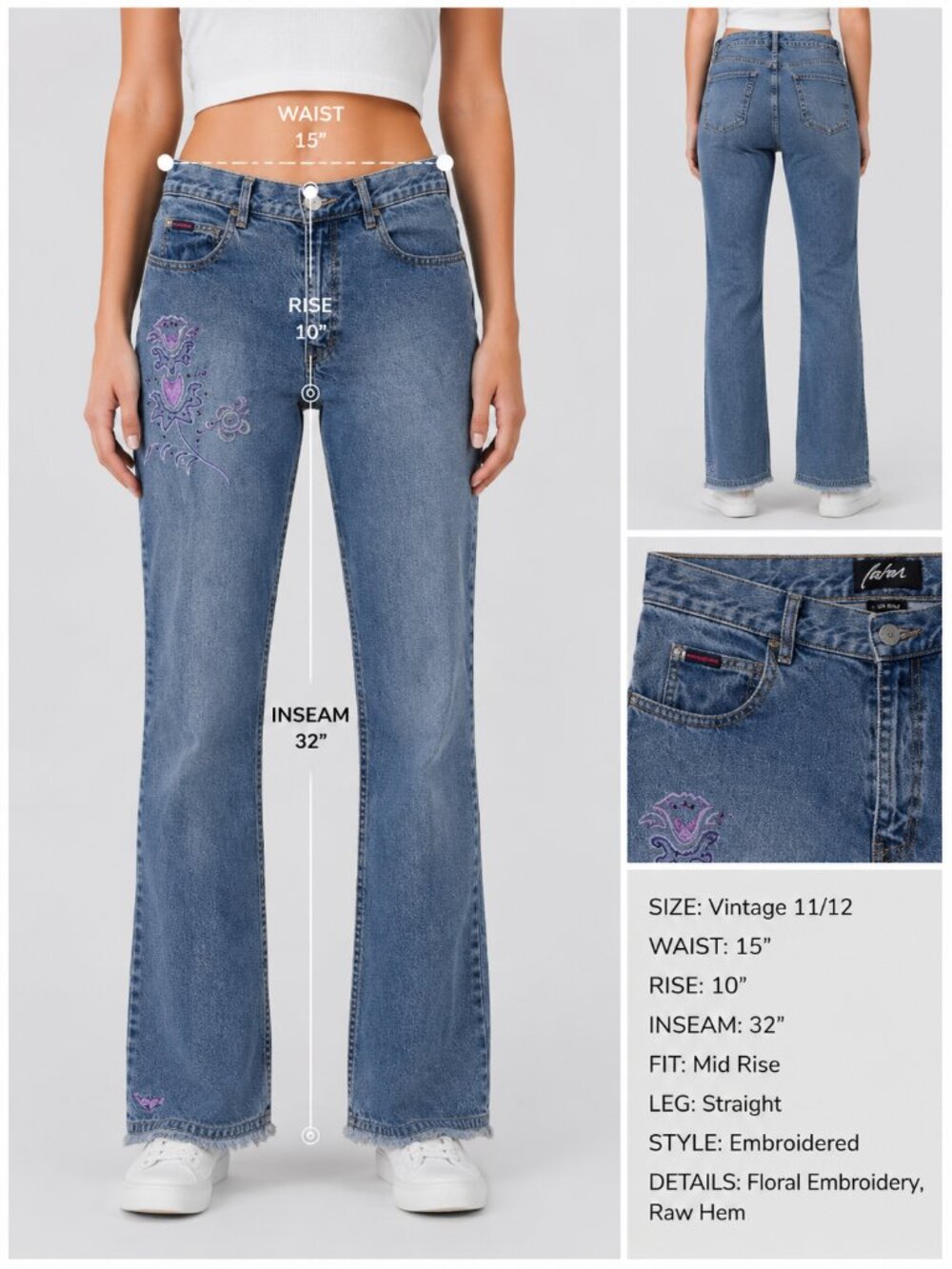 Vintage Upcycled Embroidered Straight Leg Denim - Light Wash